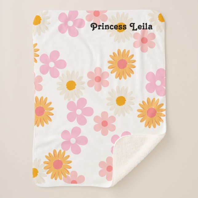 Cobertor Sherpa Daisy Branca, Cor Rosa, Nome Floral Personalizado  (Frente)