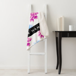 Cobertor Sherpa Dália Rosa e Azul, Padrão Floral, Seu Nome