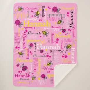 Cobertor Sherpa Damascos cor-de-rosa abelhas corações moças nome p