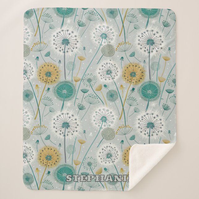 Cobertor Sherpa Dandelion Whimsical - Amarelo, Branco e Teal (Frente)