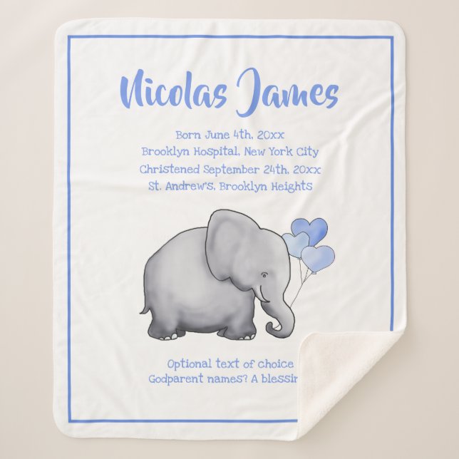 Cobertor Sherpa Data de Natal Personalizada Baby Blue Elephant (Frente)