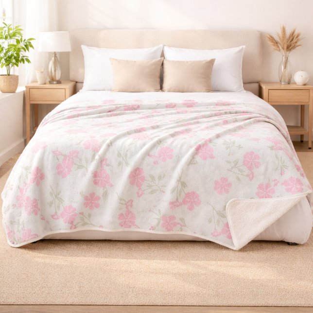Cobertor Sherpa de Flores Rosa Suave (Front View (Bed))