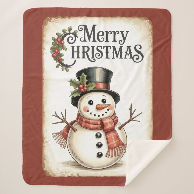 Cobertor Sherpa de Natal Alegre com Boneco de Neve (Frente)