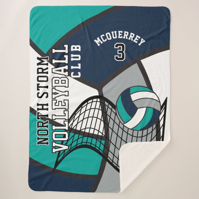 Cobertor Sherpa 🏐 de Voleibol Personalizado em Azul, Teal, Cinzas (Frente)