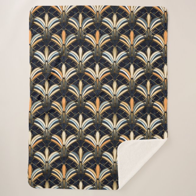 Cobertor Sherpa Deco de Arte Azul e Dourada (Frente)