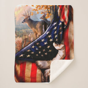 Cobertor Sherpa Deer American Flag Blanket,