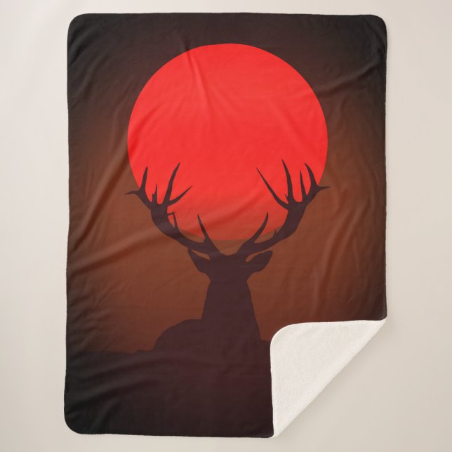 Cobertor Sherpa Deer Silhouette with Fiery Red Sunset (Frente)