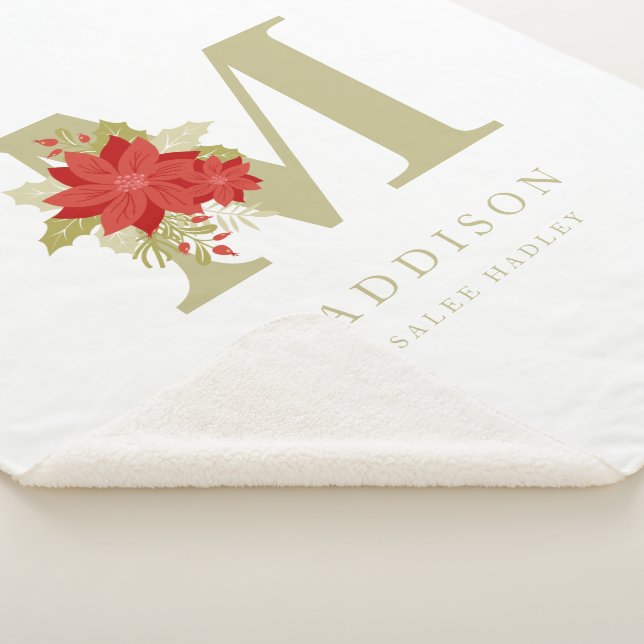 Cobertor Sherpa Delicate Poinsettias M Initial Christmas Girl Gift (3/4)
