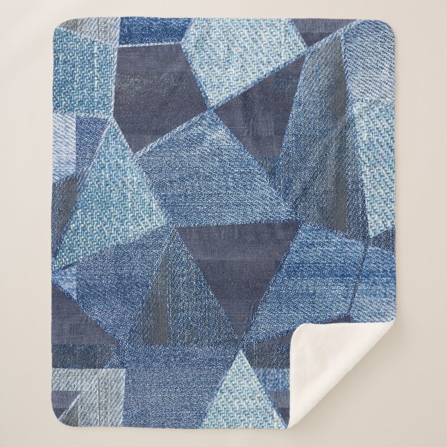 Cobertor Sherpa Denim Urban: Patchwork Disparada. (Frente)