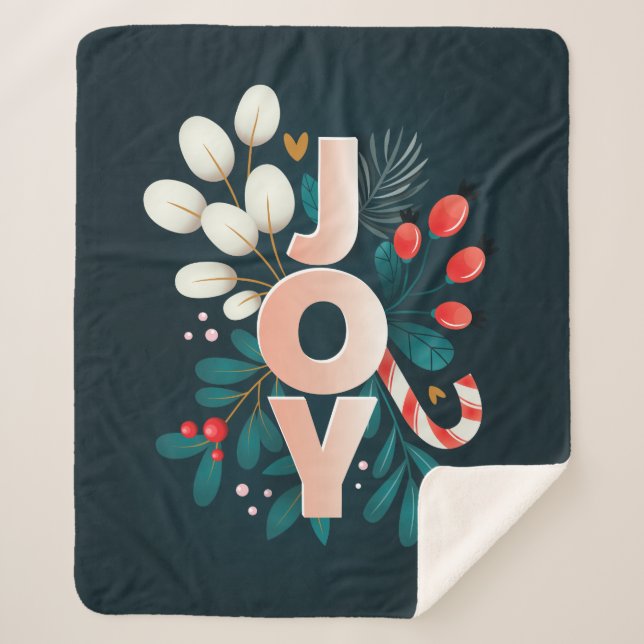 Cobertor Sherpa Desejamos-Lhe ALEGRIA, Candy De Natal E Folhagem (Frente)