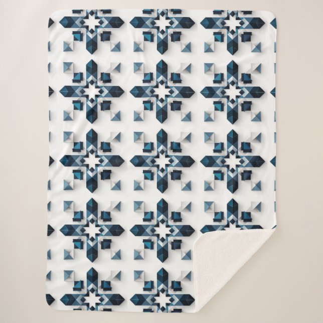 Cobertor Sherpa Desenho Abstrato Geométrico em Azul e Branco (Frente)