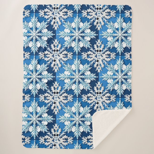 Cobertor Sherpa Desenho Intricado de Floco de Neve Azul (Frente)