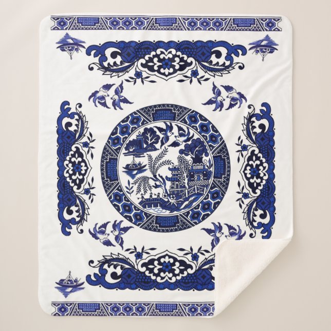 Cobertor Sherpa Design azul clássico de China do salgueiro (Frente)