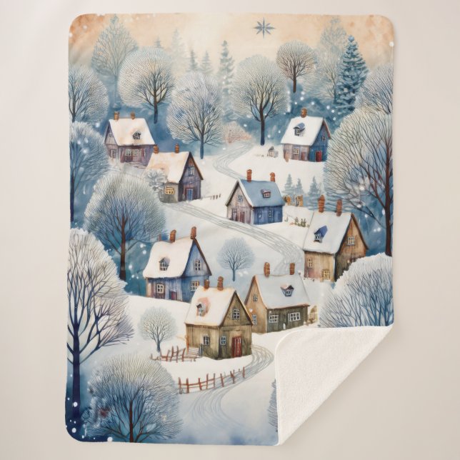 Cobertor Sherpa Design da cena da vila de inverno (Frente)