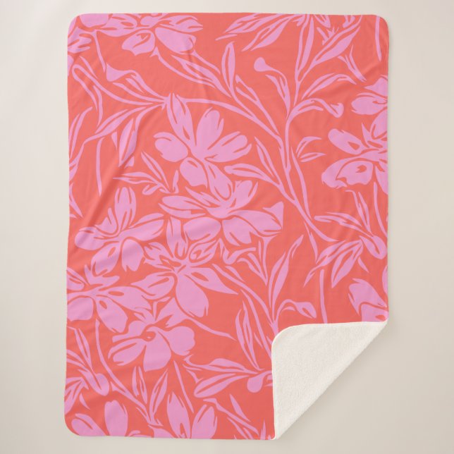 Cobertor Sherpa Design de Arte Botânica Floral a Rosa e Vermelho (Frente)