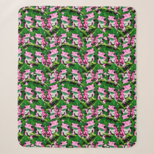 Cobertor Sherpa Design de padrão com sapo rosa em folha verde