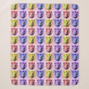 Cobertor Sherpa Design de padrão xadrez cabeça de leão cor pastel