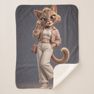 Cobertor Sherpa Design de Personagem de Gato Animado 3D Chic e Ele