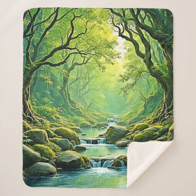 Cobertor Sherpa Design de Stream Florestal Encantado (Frente)