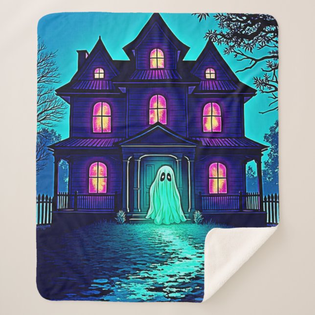 Cobertor Sherpa Design do Halloween Ghost House (Frente)