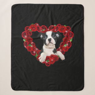 Cobertor Sherpa Dia de os namorados Boston Terrier Heart Rosas Gif
