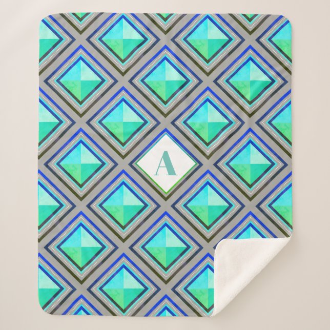 Cobertor Sherpa Diamantes Geométricos Verdes Azuis Modernos Person (Frente)