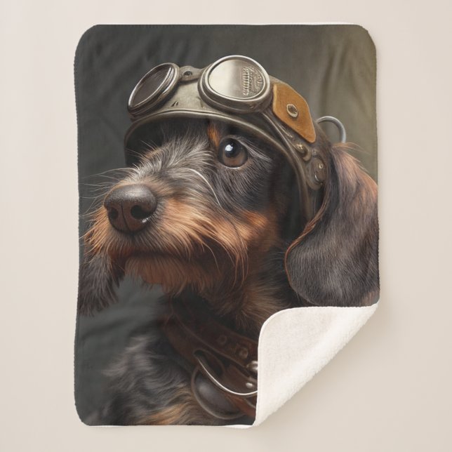 Cobertor Sherpa Dieselpunk Wirehaired Dachshund Steampunk Gogggles (Frente)