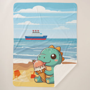 Cobertor Sherpa Dinô bonito comendo sorvete na praia
