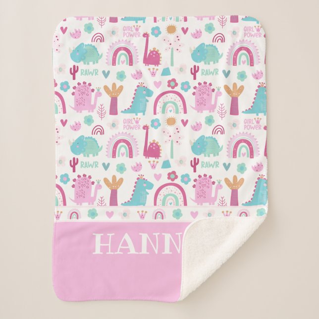 Cobertor Sherpa Dinossauro de Energia de Meninas Personalizadas (Frente)