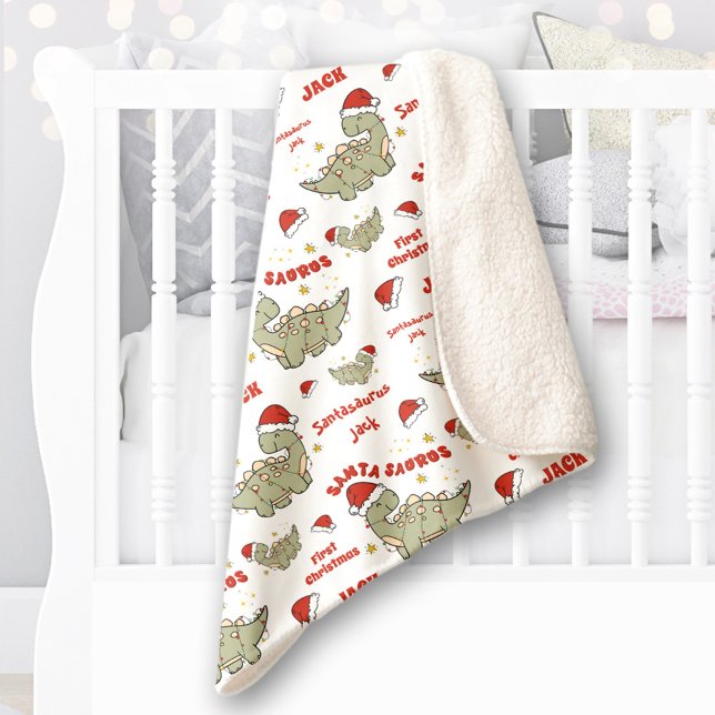 Cobertor Sherpa Dinossauro de Natal Santasauro Nome Bebê (Christmas Dinosaur Santasaurus Name Baby Sherpa Blanket)