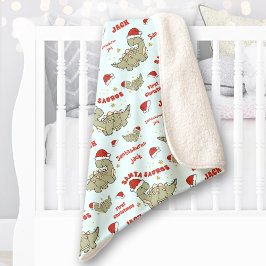 Cobertor Sherpa Dinossauro de Natal Santassauro Nome Azul Bebê