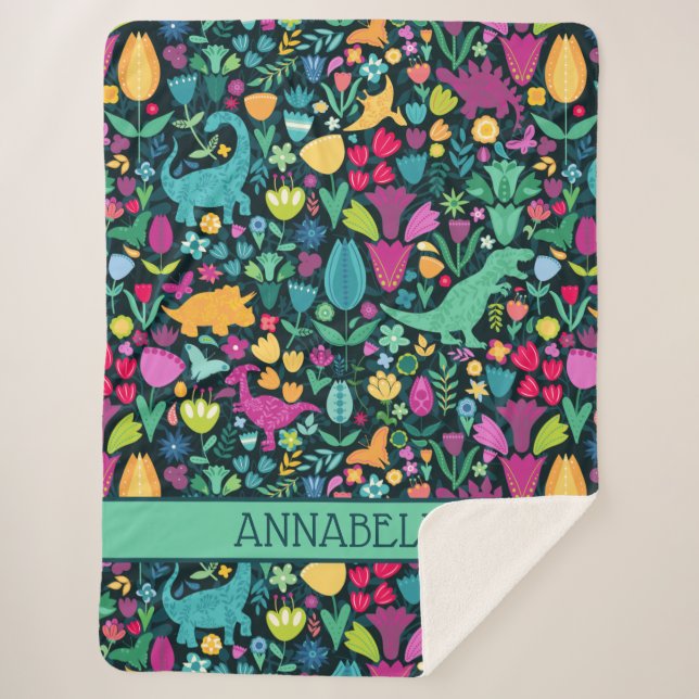 Cobertor Sherpa Dinossauro Floral Silhouettes Lindas Meninas (Frente)