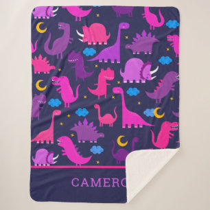 Cobertor Sherpa Dinossauros À Noite, Raparigas Roxas, Personalizad