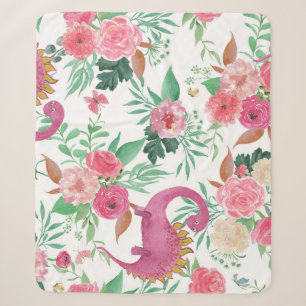 Cobertor Sherpa Dinossauros Cachorros Padrão Floral de Vintage