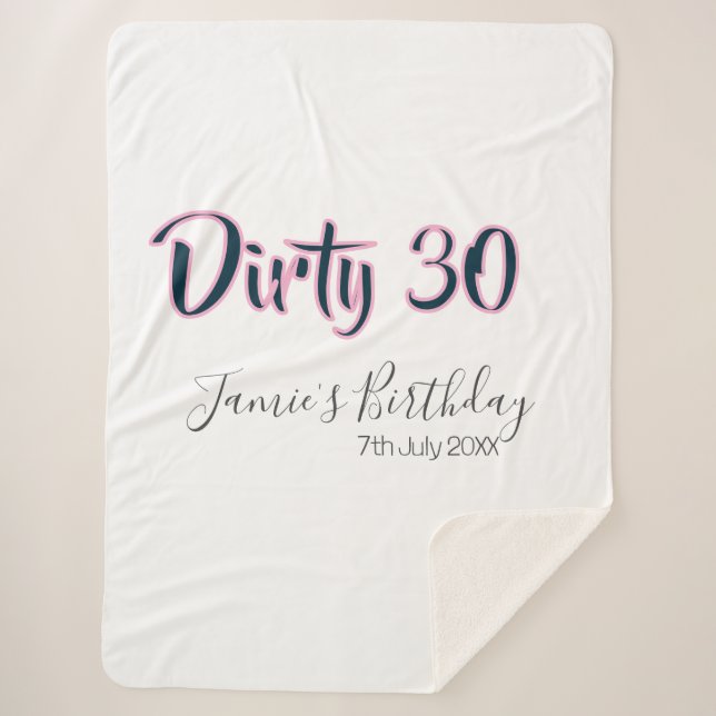 Cobertor Sherpa Dirty 30 happy birthday name date pink gray callig (Frente)