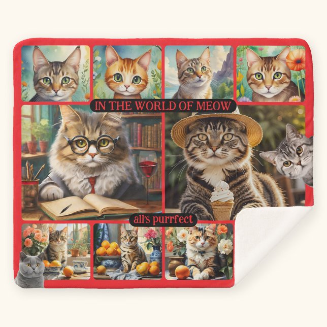 Cobertor Sherpa Divertimento Sente Boa Colagem de Arte de Gato (Delightful Sherpa blanket featuring a cat art collage)