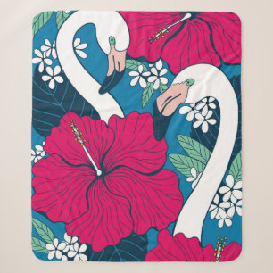 Cobertor Sherpa Dois flamingos entre o hibisco e as flores da plum