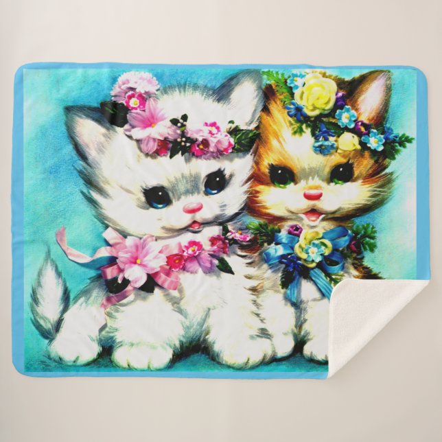 Cobertor Sherpa dois gatinhos e muitas flores (Frente (Horizontal))