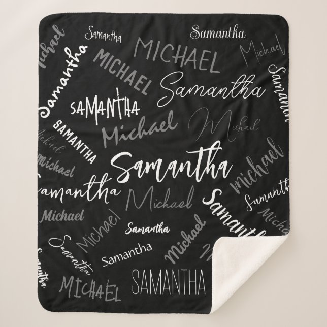 Cobertor Sherpa Dois nomes casal padrão monograma cinza preta bran (Frente)