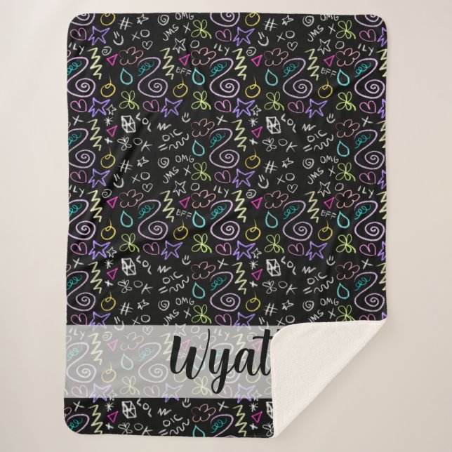 Cobertor Sherpa Doodles BFF - Padrão de Falha na Largura (Frente)