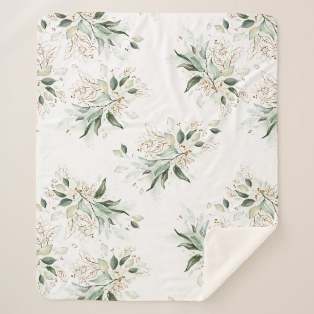 Cobertor Sherpa Dourada vegetação foliar branca elegante romântica (Frente)