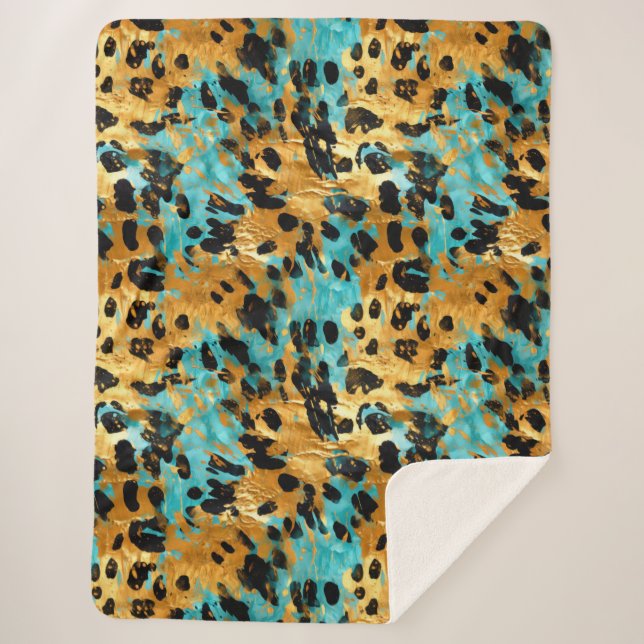 Cobertor Sherpa Dourado Aqua Black Lepard Animal (Frente)