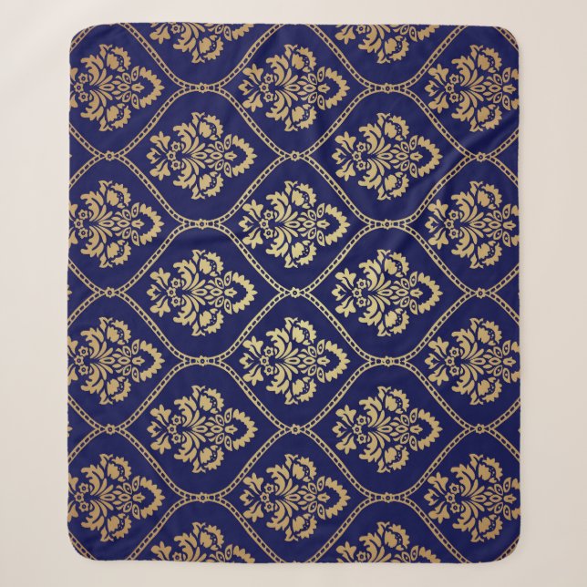 Cobertor Sherpa Dourado e azul: Damasco de luxo (Frente)
