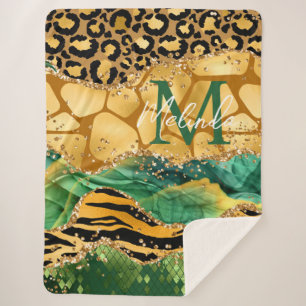 Cobertor Sherpa Dourado e Verde Safari Animal Print Agate