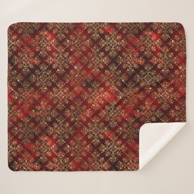 Cobertor Sherpa Dourado Holiday Red Christmas Metallic Damask Eleg (Frente (Horizontal))