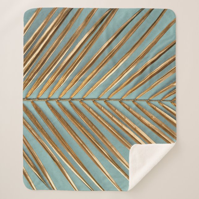 Cobertor Sherpa Dourado Pintado Padrão de Palma Tropical (Frente)