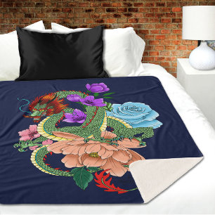 Cobertor Sherpa Dragão Chinês Verde Místico Floral Azul Marinho