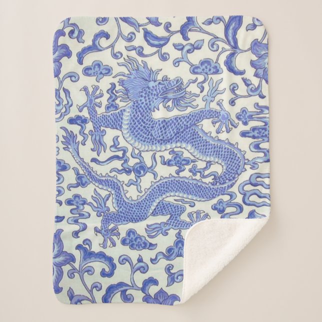 Cobertor Sherpa Dragão oriental chinês azul e branco (Frente)