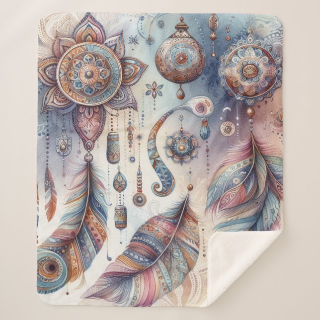Cobertor Sherpa Dreamcatcher num tema boêmico (Frente)