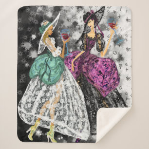 Cobertor Sherpa Duas Senhoras em rendas brancas e pretas veste mod